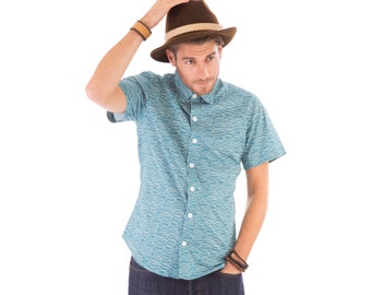 Mens 100% Cotton Short Sleeve Slim Fit Shirt Green Boats Print