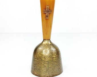 Vintage Butterscotch Bakelite & Brass Wedding Unity Cross Church School Bell