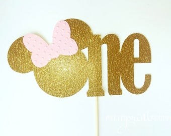 Minnie mouse cake topper, gold minnie mouse party, gold minnie mouse baby shower, one cake topper, minnie head cake topper, gold and pink
