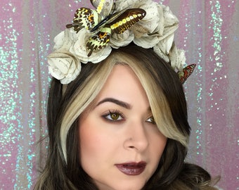 ON SALE! Vintage Paper Flower and Butterfly crown