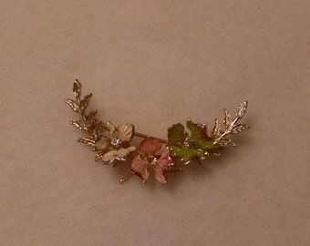 Vintage floral pin - gold, flowers, crescent shaped, enamel