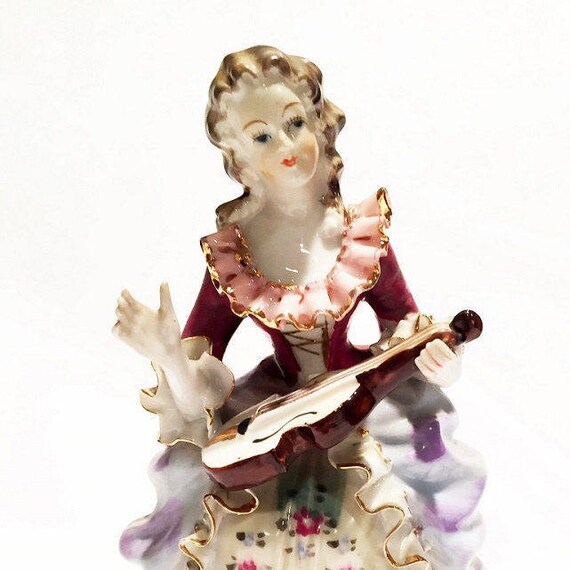 Bone China Lace Figurine Victorian Lady With Guitar