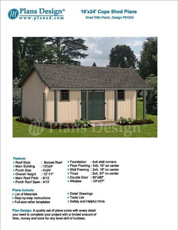 16' x 24' Guest House / Storage Shed with Porch Plans
