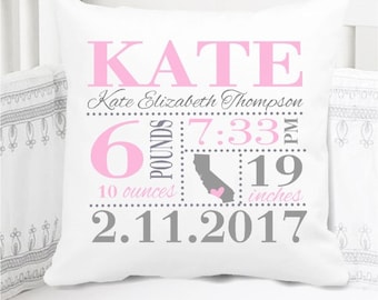 Girls Birth Announcement Pillow - Birth Stats Pillow - Birth State - Baby Girl Gift - Bubblegum Pink and Grey