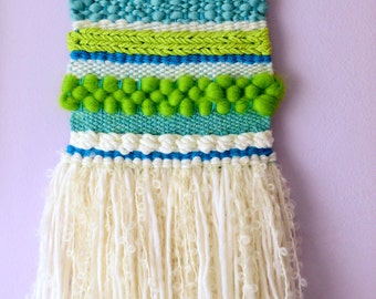SALE: Small Woven Wall Hanging #14 (blue/green) - tapestry fibreart wallart loom weaving homedecor spring wool roving yarn turquoise