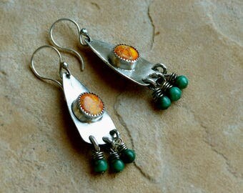 Orange Sea Sediment Jasper & Sterling Silver Earrings with Malachite Dangles . Rustic Southwest Boho Tribal Style Jewelry