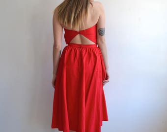 Vintage Red Cotton Strapless Summer Dress/ Backless /80s does 50's /Sweetheart/ Rockabilly/ XS