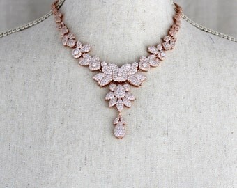 Rose gold necklace, Rose Gold Bridal necklace, Wedding jewelry, Swarovski necklace, Crystal necklace, Statement necklace, Vintage Wedding