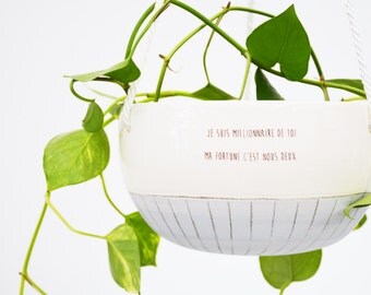 Large indor hanging planter. Ceramic plant hanger blue and white. Modern hanging planter with love quote.
