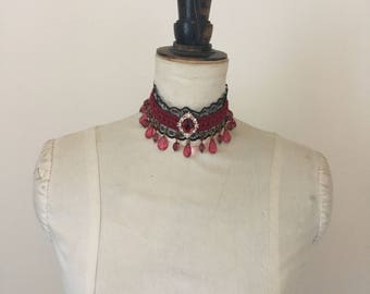 Burgundy Beaded Lace neck choker.