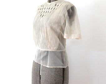 1940s Blouse / 40s 1950s Creamy Sheer Nylon Blouse Large
