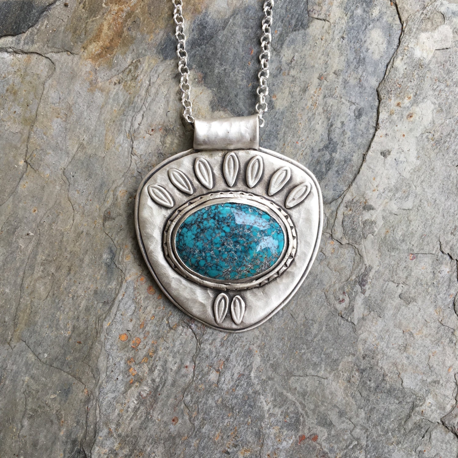 Turquoise Necklace in Sterling Silver. Designer Cabochon