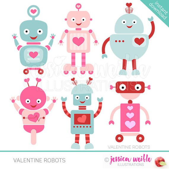 Valentine Robots Cute Digital Clipart for Card Design, Scrapbooking, and Web Design, Valentine Clip art Il_570xn