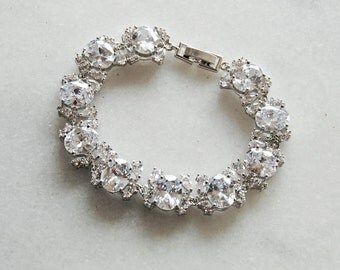 Swarovski Crystal Bracelet, Silver Crystal Wedding Bracelet, Cubic Zirconia Bracelet - RYLIN