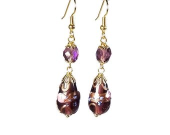 Purple Dangle Earrings, Bead Dangle Earrings, Glass Bead, Handmade Artisan Jewelry, Gift For Her