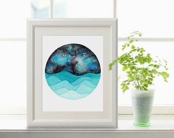 The Capricorn Constellation above the night sea watercolor print, Capricorn Art, Galaxy Painting, Zodiac Print, Capricorn Painting