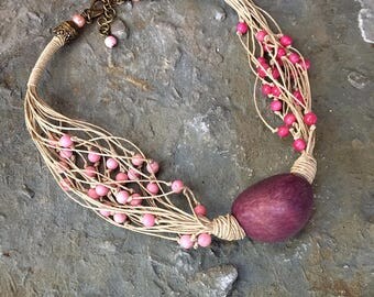 Tagua Necklace, Linen Necklace, Puple Tagua Nut, Boho Necklace, Tagua Jewelry, Linen Jewelry