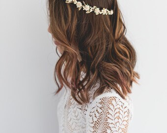 cream gold rose, leaf & berry flower crown // cream gold leaf crown / cream gold flower crown / cream gold / wedding gold flower crown