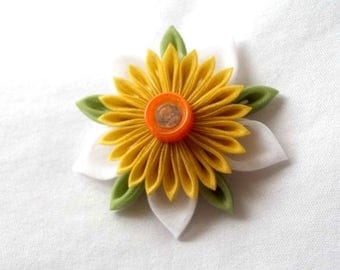 Cute Kanzashi Flower Hair Clip Yellow Orange and Green Wearable Fiber Art Barrette