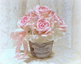 Shabby Chic Floral Arrangement, Shabby Chic Decor, Rose Arrangement, Shabby Pink Roses, Paris Decor, County French Decor, Potted Roses
