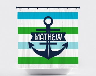 Shower Curtain, Horizontal Stripe, Striped, Preppy, Nautical, Anchor, Green Blue