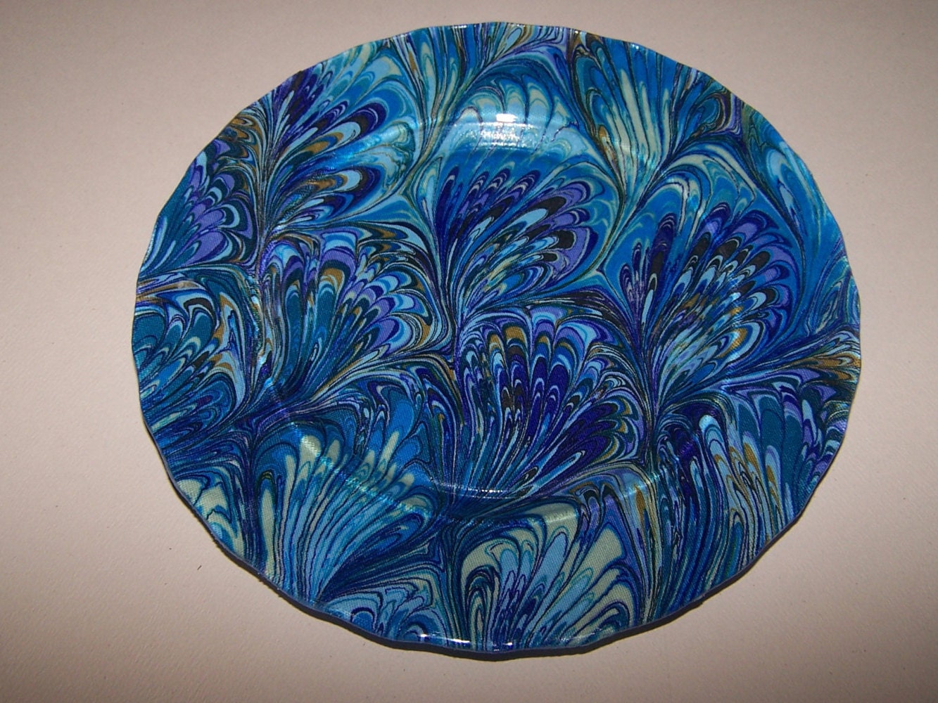 Peacockinspired glass serving plate. Peacock art. Candle