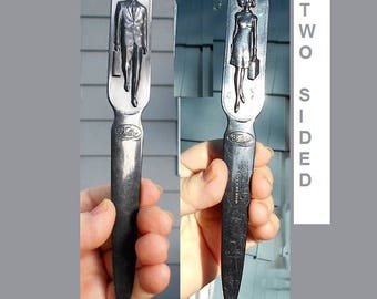50S Celluloid Fuller Brush Man Woman Letter Opener Made in USA. Two Sided Black, One Side Fuller Brush Man, One Side Fuller Brush Woman