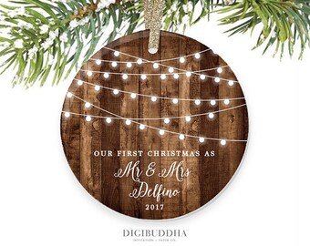 Rustic First Christmas as Mr & Mrs Ornament Our First Christmas Married Ornament Newlywed Christmas Ornament Wedding Ornament Wood Lights