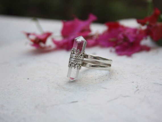 RUBYSPARROW QUARTZ RING- Two band ring- Quartz Ring- Gallery Bezel- Filigree Ring- Sterling Silver Ring- Diamond- Wedding- Bohemian- Crystal