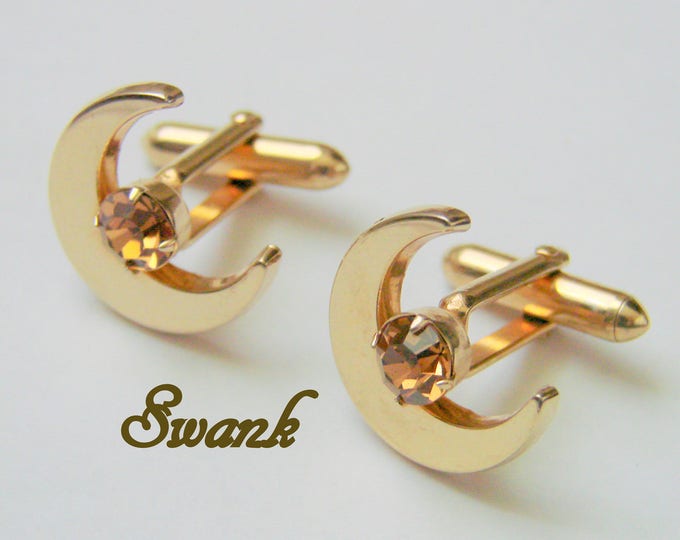Vintage Retro Swank Topaz Rhinestone Cufflinks / Wedding / Moon Motifs / Designer Signed / Mens Vintage Jewelry / Jewellery