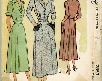 Vintage McCall Pattern 7853 - 1949 - Ladies' and Misses' Dress Size 18 Bust 36
