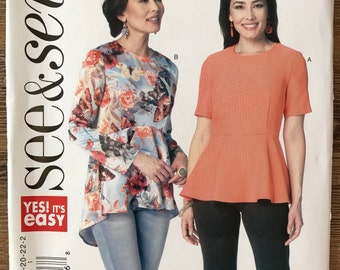 UNCUT See and Sew B6232 Shirt Sewing Pattern Size 8-10-12-14-16-18-20-22-24 Blouse, Top, Peplum, Short Sleeves