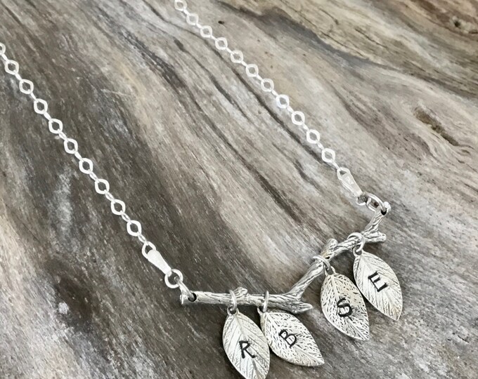Personalized initial Jewelry - Family Tree Branch and Leaf Charms - Sterling Silver Necklace - Personalized Leaves - Hand Stamped Necklace