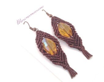 Brown ethnic earrings, boho jewelry, macrame festival trend, made in Italy, ambra beads, gift for mother's day, gift for her, waxed cotton