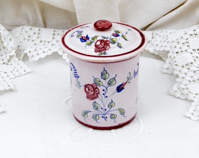 Small Antique French Faience Ceramic China Pale Pink Hand Painted Floral Pattern Pot / Canister / Jar and Lid, Country Farmhouse Pottery