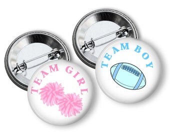 Footballs and Pompoms Team Boy Team Girl Gender Reveal Party Favor 1.25 inch Pin Back Buttons Set of 20