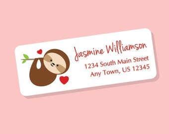 Sloth Valentine Label, Valentine Gift Tag Sticker, Sloth Address Label, Animal Valentines, Animal Return Address Labels, 60 Labels