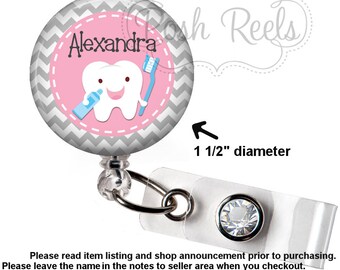 Badge Reel - Pink and Gray Chevron Dental Hygienist Badge Reel Holder- Choice of Badge Reel, Stethscope ID Tag, Carabiner or Lanyard - 0075
