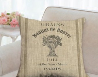 Rustic French Grain Sack Pillows (not real grain sack) design is screen printed.