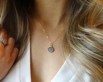 Tiny Druzy Necklace, Grey Druzy, Gold Druzy Necklace, Gold Necklace, Gift for Her, Delicate Druzy, Titanium Druzy, 14k Gold fill Necklace