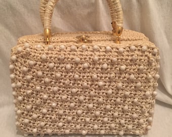 1960's White Pillbox Handbag w Gold Details