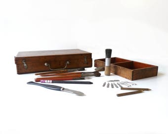 Wooden Paint Box With Paintings Tools Artist Paint Box 1930s Antique Pencils Case Desk Organizer