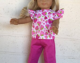 Strawberry Print - Capri Set - Pink & White - 18 inch Doll Clothes - Bitty Baby Clothes - Two Piece Set - Handmade Doll Clothes - Girl Gift
