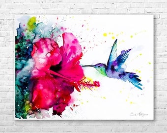 Hummingbird 2 watercolor painting print by Slaveika Aladjova, art, animal, illustration, bird, home decor, wall art, gift, Flower, Hibiscus