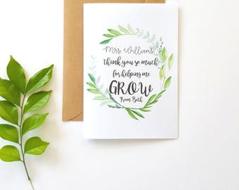 Personalised Teacher Appreciation Card | Thank you for helping me grow card | Green Leaf Wreath Card
