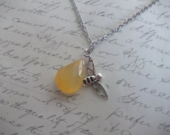 Honey bee necklace with yellow calcedony stone drop