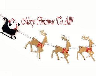 Santa Sleigh & Reindeer Christmas Garland, Holiday Banner, Die Cut Wall Hanging, Folk Art Paper Decoration, Party Backdrop Photo Prop