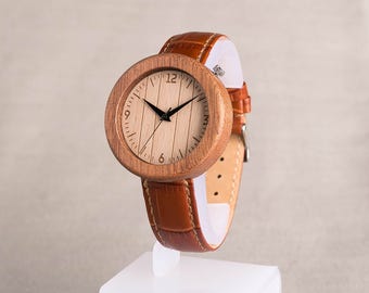 Female / kids brown Wooden watch. Natural Sapele wood watches. Personalized Wooden Watch brown leather strap. Engraving wood watch.
