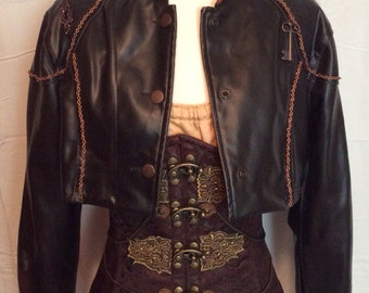 Steampunk Cropped Faux Leather Jacket w/ Octopus Tentacles, US size LARGE/TALL - Upcycled, Refashioned, Altered, one-of-a-kind cosplay