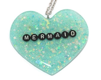 Mermaid Necklace Word Pendant Holographic Glow in the Dark Kawaii Jewelry Big Statement Necklace
